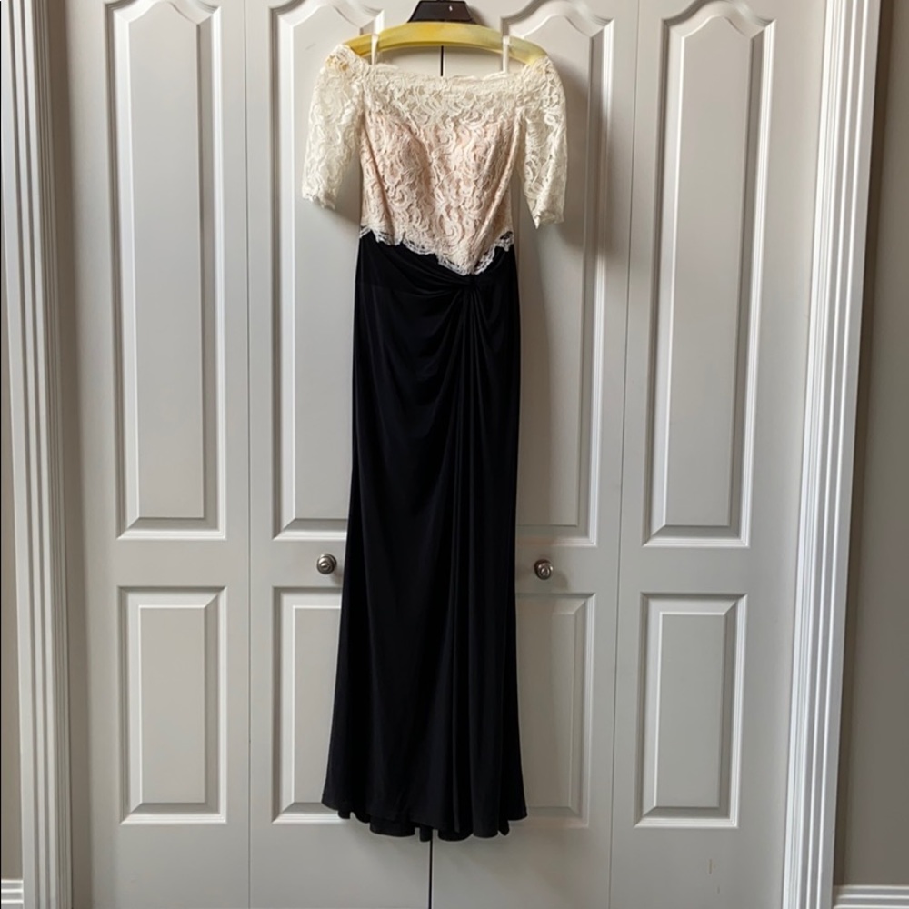 Off the shoulder boat neck formal dress.